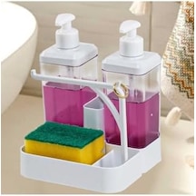 İkili Sıvı Sabunluk Ve Seti - Yüzük Bez Askılı Sünger Hazneli 2x350 Ml 2li Sıvı Sabunluk 12 Izgara