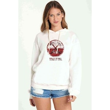 Pinkfloyd Beyaz Baskılı Beyaz Kadın Kapşonlu Sweatshirt