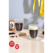 2'li Çift Cidarlı 250ml Isıya Dayanıklı Cam Bardak Sıcak Soğuk Çizgili Çay Süt Kahve Kupası Bardağı