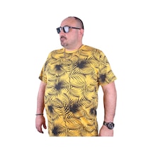 Starbattal Büyük Beden Sıfır Yaka Tişört Palm Leaf 23148 Sarı-Sarı Çok Renkli