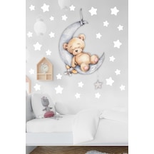 MSticker Ayda Uyuyan Sevimli Ayıcık Ve Beyaz Yıldızlar Çocuk Bebek Odası Sticker Seti