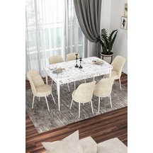 Canisa Kor Serisi 70x114 Açılabilir Mutfak Masası Takımı Beyaz Mermer Desen Masa 6 Krem Sandalye Masa Beyaz Mermer Desenli Sandalyeler Krem