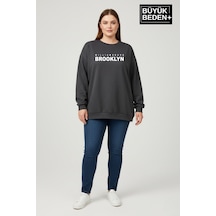 Süperlife Kadın Büyük Beden Willams Brooklyn Baskılı Bisiklet Yaka İnce Sweatshirt Spr26bsw956-16 Antrasit