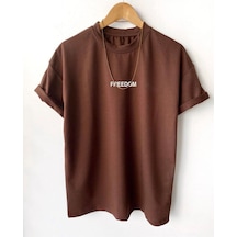 Flood Of Style Erkek Koyu Kahverengi Freedom Baskılı Oversize Bisiklet Yaka Kısa Kollu T-shirt