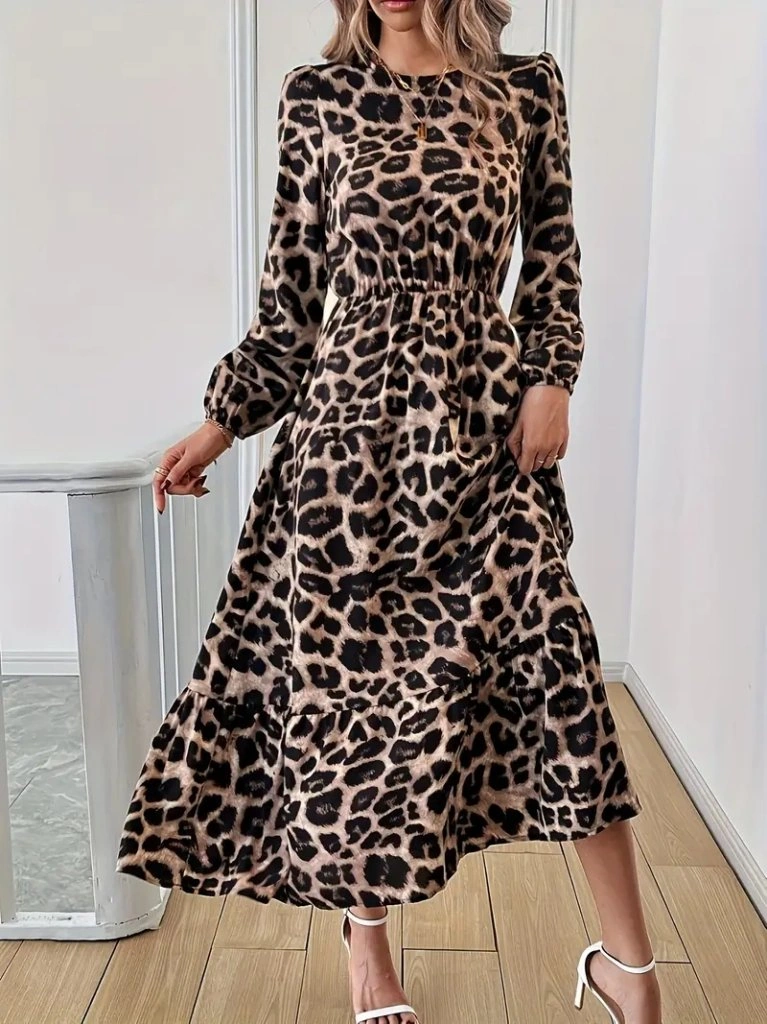Hazego Uzun Kollu Bisiklet Yaka Leopar Desenli Midi Süprem Elbise Leopar