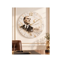 Atatürk Temalı 45 Cm Ahşap Sessiz Akar Mekanizmalı Uv Baskılı Dekoratif Duvar Saati Hediyelik 1101 Çok Renkli