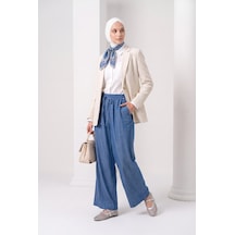 Armine Trend Doğal Kumaş Beli Lastikli Yandan Cepli Rahat Kalıp Bol Paça Pantolon İndigo 26yt208