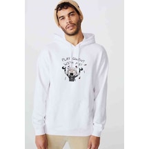 The Witcher Play Gwent With Me Baskılı Beyaz Erkek Kapşonlu Sweat
