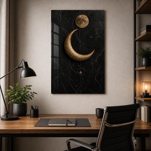Altın Ay Ve Yıldız Desenli Baskılı Cam Tablo Siyah Mermer Uv Baskı Duvar Dekoru