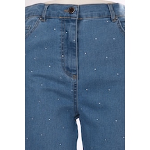 Seleste Minimalist Taş Detaylı Kadın Jean Pantolon - Midi Boy Lacivert