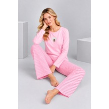 Pijamask Kadın Pembe Ayıcık Detaylı Çizgili Bol Paça Pamuklu Pijama Takımı Pudra