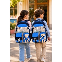 Mavi Lacivert Ayıcıklı Maskotlu Lüks Okul Sırt Çantası Geniş Ergonomik Çocuk 40x30x15 Cm Çok Renkli