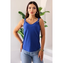 Kadın Mavi Askılı V Yaka Halka Detaylı Şık Bluz, Kadın Bluz Modeli Mavi