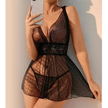 Ang Butik Kadın Siyah Dantel İşlemeli Puantiyeli Tül Gecelik