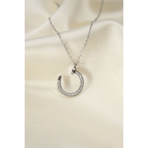 Çelik Silver Renk Zirkon Taşlı Çivi Model Kadın Kolye - Özel Seri Bzsurn008165 Gümüş