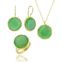 Beyisa Güneş Taşı Serisi Yuvarlak Yeşil Renkli Kadın Otantik Gümüş Üçlü Takı Seti