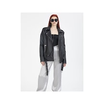 Pin Fashion Kadın Oversıze Tarz Uzun Deri Ceket Siyah Siyah