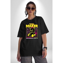 Baş Belası Teddy Pamuklu Bisiklet Yaka Unisex Oversize Boyfriend Dijital Baskılı Siyah T-shirt Siyah