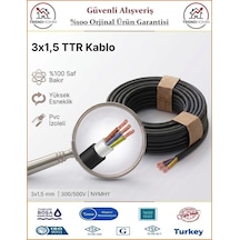 Öznur 3x1,5 Ttr Elektrik Kablosu - El Aletleri Uzatma Kablosu - Siyah - %100 Bakır - 20 Metre