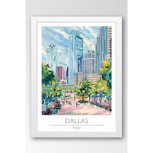 Texas Dallas Temalı Çerçeveli Tablo Travel Serisi Modern İllüstrasyon Şehir Duvar Dekoru Beyaz