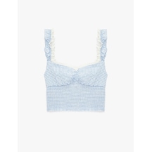 Koton Geniş Yaka Kolsuz Fırfırlı Gipeli Crop Bluz Mavi Ekose 6sal60016ıw