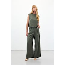 Sateen Geniş Paça Pantolon - Haki-136454 Haki