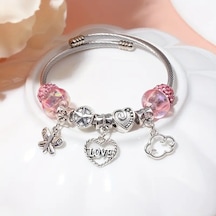 Aşk Love Temalı Kalp Pembe Charmlı Bileklik Gümüş