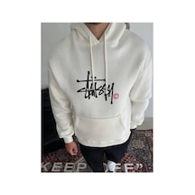 Erkek Üç İplik Kapşonlu Baskılı Sweatshirt - Beyaz