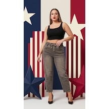 Zanessi Fashıon Büyük Beden Beli Lastikli Cepli Likralı Denim Mom Kesim Kadın Pantolon Kahverengi