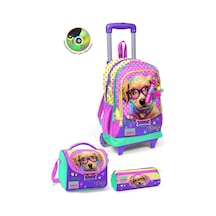 Coral High Kids Sarı Pembe Sevimli Köpek Desenli Üç Bölmeli Çekçekli 3'lü Çanta Seti Set0123952