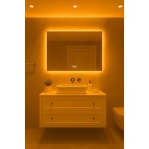 Digital Hayat Buğu Çözücü Dokunmatik Dimlenebilir Dikdörtgen Ayna Sarı Amber Led Işıklı Dekoratif Banyo Makyaj Aynası Yatay Ve Dikey Kullanım 30x50cm - 60x80cm Koyu Sarı