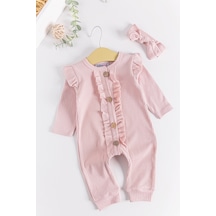 Babymod Fırfırlı Önden Düğmeli Bandanalı Kız Bebek Tulum Pudra
