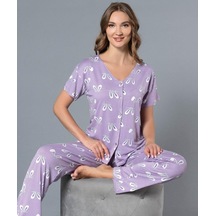 Boydan Düğmeli Gömlek Yazlık Kısa Kol Yakasız Pijama Takımı Dowry 08-117 Mor