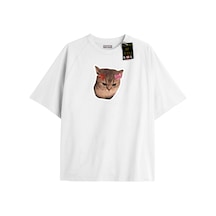 Flood Of Style Beyaz Oversize T-shirt Tatlı Kızgın Kedi Özel Tasarım