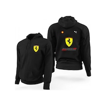 F1 Ferrari Logo Siyah Fermuarlı Limited Edition Kapşonlu Sweatshirt Siyah