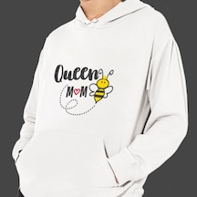 Anneler Günü Queen Mom Baskılı Cepli, Kapşonlu Beyaz Unisex Sw Beyaz