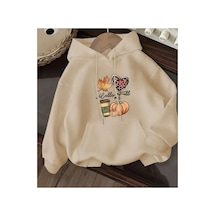 Herkesemoda Baskı Detaylı İçi Polarlı Kapüşonlu Sweatshirt Bej