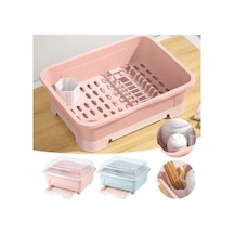 Pazly Kapaklı Plastik Bulaşık Kurutma Rafı - Mutfak Çatal Bıçak Tepsisi - Pembe Renk - Kullanışlı Mutfak Malzemeleri Pembe