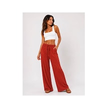 Hira Life Fashion Kadın Kumaşı Kabartma Detaylı Bol Paça Ve Önü Bağcıklı Salaş Burgu Şık Pantolon Kiremit Kiremit