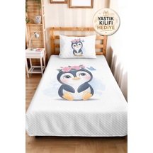 Evimde Bambaşka Sevimli Penguen Pastel Kız Çocuk Dekoratif Pike Takımı - Çiçekli Pembe Bebek Yatak Örtüsü-160x220  CM