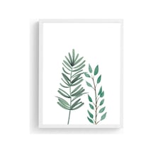 Beyaz Ahşap Çerçeveli Minimal Yaprak Desenli Tablo - Yeşil Tonlar Huhu1642