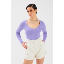 Sateen V Yaka Triko Crop - Lila-131507 Lila
