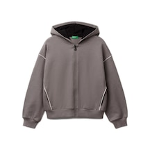 About Blank United Colors Of Benetton Kız Çocuk Antrasit Kontrastlı Logo Etiketli Kapüşonlu Fermuarlı Oversize Sweatshirt Acı Kahverengi