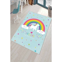 Mavi Kaymaz Tabanlı Yıkanabilir Unicorn Çocuk Halısı Ar752n11