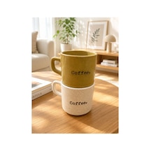 2 Li Coffee Yazılı Seramik Kupa Seti Şık Tasarım Kahve Kupası Günlük Kullanım Ve Hediyelik Bej