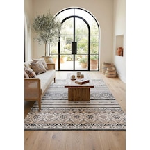 Etnik Kilim Desenli Pamuk Taban Yıkanabilir Baskılı Dekoratif Halı Gri