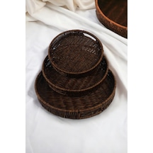 3 Lü Rattan Tepsi Dekoratif Tepsi Hasır Örme Tepsi Yuvarlak Kahverengi