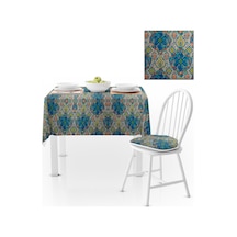 Damask Desenli Mavi Turkuaz Dijital Baskılı Süet Dokuma Masa Örtüsü 140x140