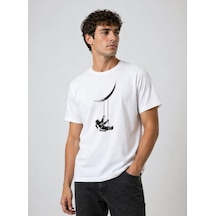Erkek Astronot Ay Temalı Tişört Kısa Kol Yazlık Bisiklet Yaka T-shirt - Beyaz