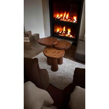 Masif Doğal Ahşap Mantar Sehpa 3 Lü Set Meşe Renk Zigon